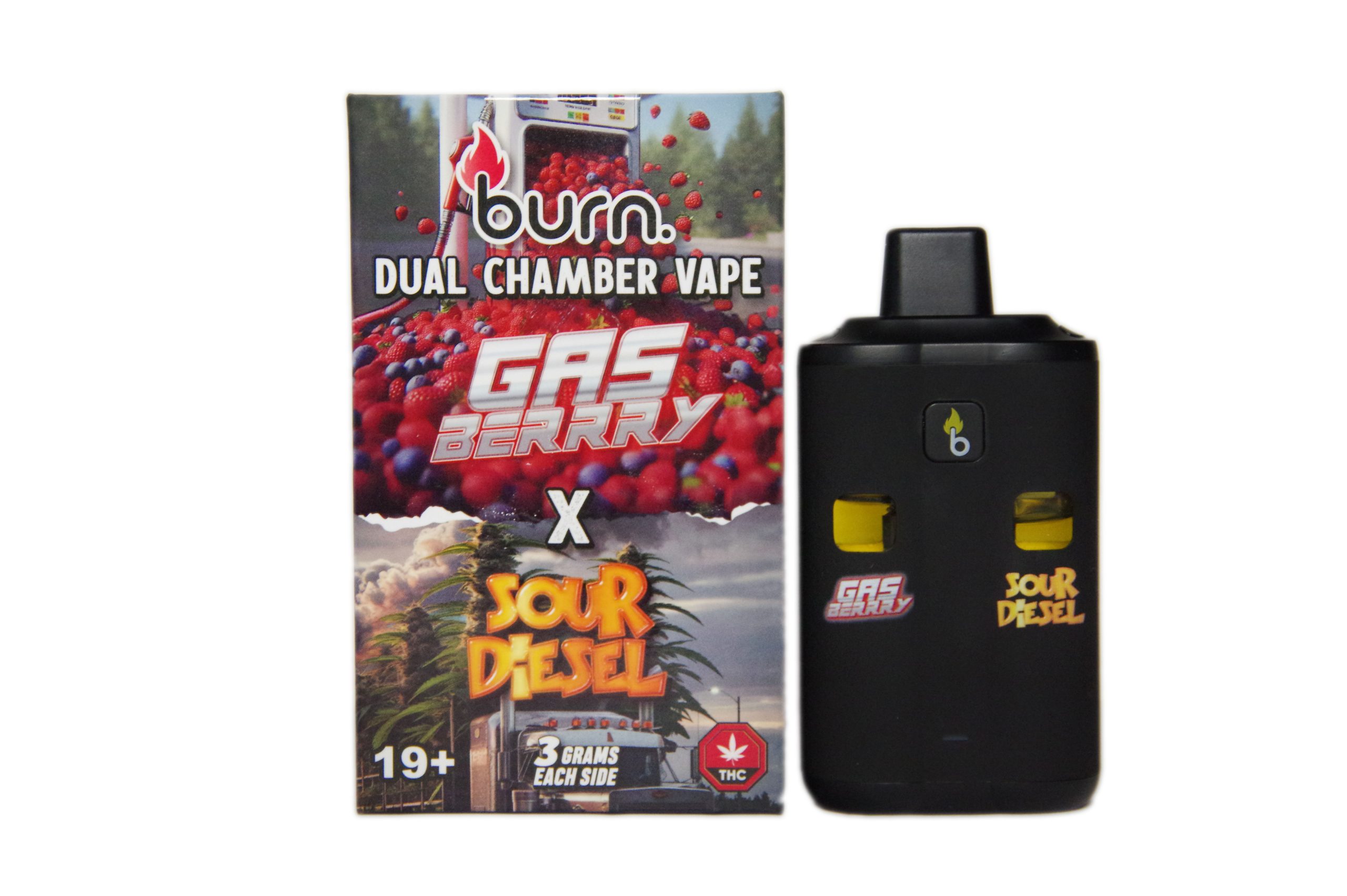 Burn – Dual Chamber Disposable Vape – Gas Berry + Sour Diesel (6G)